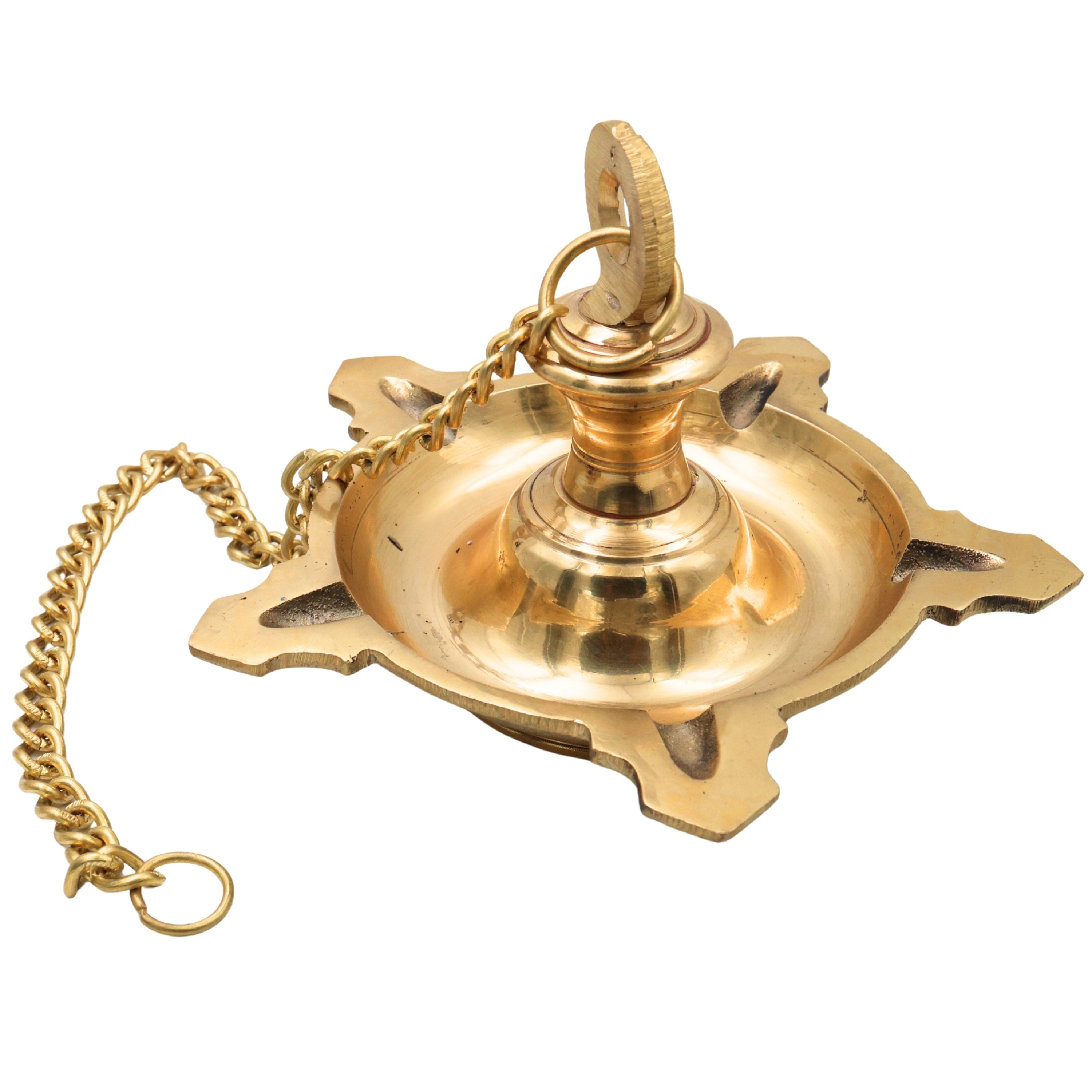 Brass Hanging Pooja Lamp Diya for Lakshmi Vishnu Temple, Handcrafted Peetal Pittal Ceiling Lantern, Traditional Five Face Brass Hanging Light,Gold, 5 Inch, 1 Piece