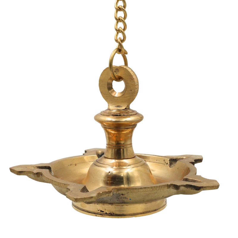 Brass Hanging Pooja Lamp Diya for Lakshmi Vishnu Temple, Handcrafted Peetal Pittal Ceiling Lantern, Traditional Five Face Brass Hanging Light,Gold, 5 Inch, 1 Piece