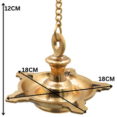 Brass Hanging Pooja Lamp Diya for Lakshmi Vishnu Temple, Handcrafted Peetal Pittal Ceiling Lantern, Traditional Five Face Brass Hanging Light,Gold, 5 Inch, 1 Piece