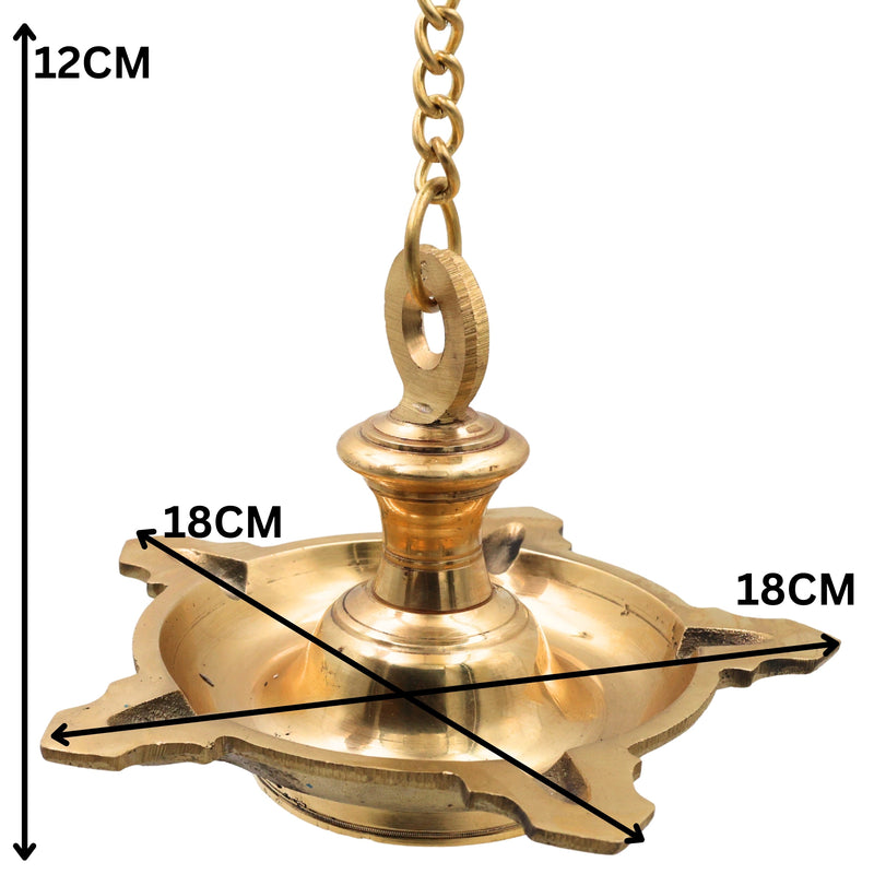 Brass Hanging Pooja Lamp Diya for Lakshmi Vishnu Temple, Handcrafted Peetal Pittal Ceiling Lantern, Traditional Five Face Brass Hanging Light,Gold, 5 Inch, 1 Piece