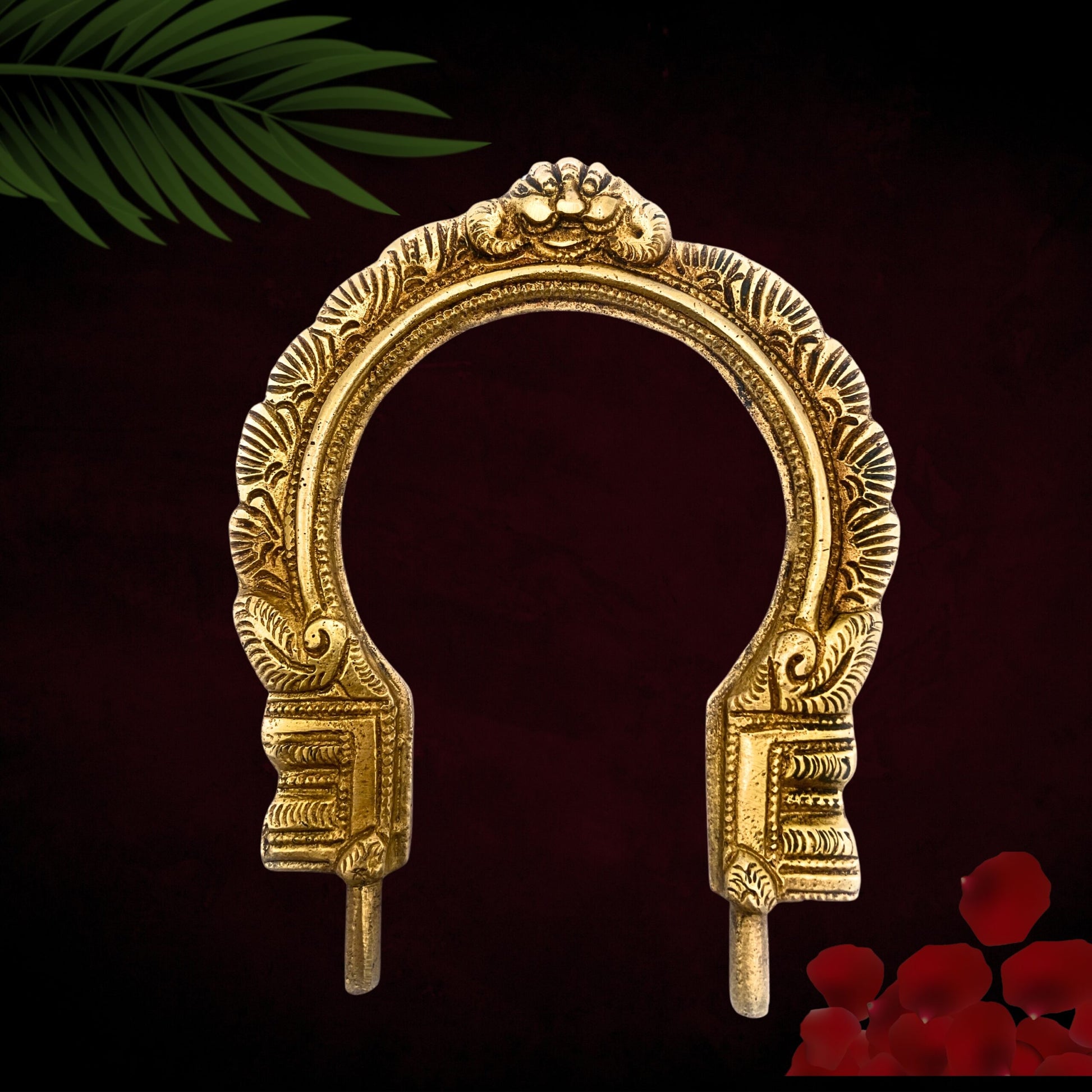 Brass Prabhavali for Home Temple, Small Traditional Arch Frame, Wall Hanging Deity Backdrop, Pooja Mandir Decor, Makara Torana, Tiruvasi, Thiruvachi, Kirtimukha Design, Gold, 6.5 Inch, 1 Piece