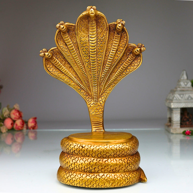 Bhunes Brass Sheshnag Singhasan with Five Heads, Snake Prabhavali Peetha Peetalu Peetham Bajot for Temple, Pooja Mandir Stand, and Home Decor, Gold, 10.5 Inch, 1 Piece