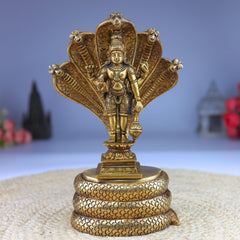 Brass Vishnu on Sheshnag Idol – Handcrafted Peetal Murti of Narayana, Balaji, Venkateshwara for Home, Temple, and Office Decor,Gold, 10.5 Inch, 1 Piece