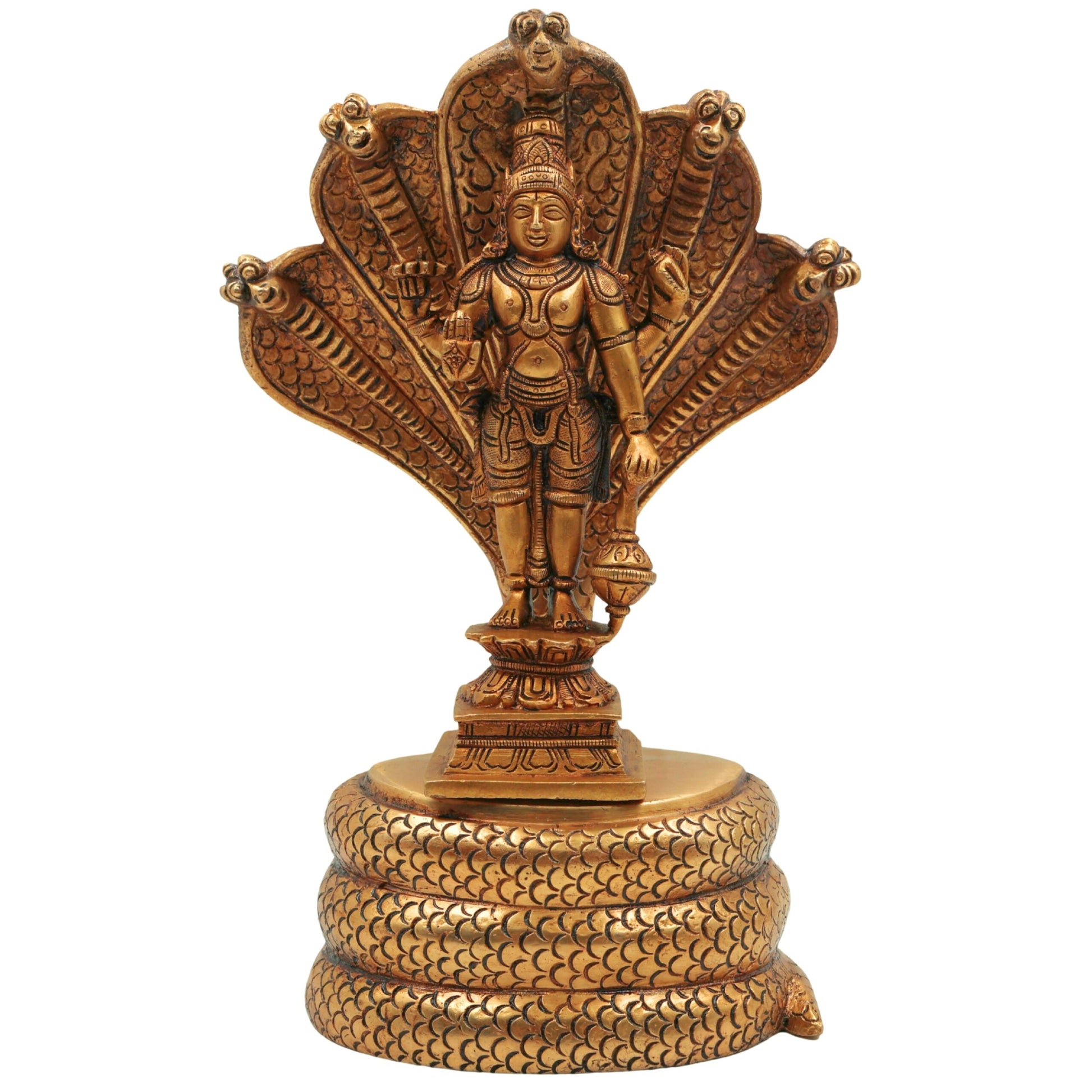 Brass Vishnu on Sheshnag Idol – Handcrafted Peetal Murti of Narayana, Balaji, Venkateshwara for Home, Temple, and Office Decor,Gold, 10.5 Inch, 1 Piece