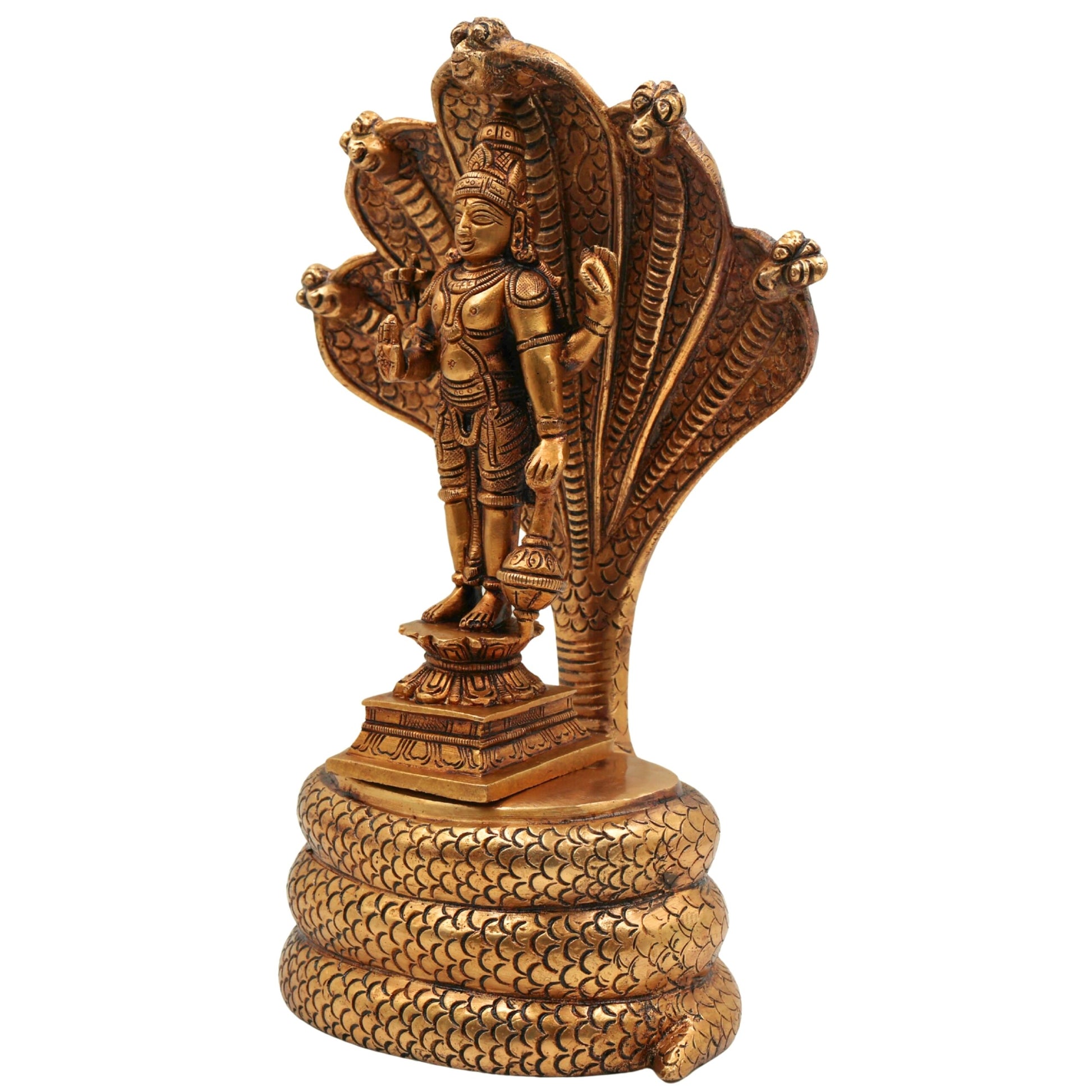 Brass Vishnu on Sheshnag Idol – Handcrafted Peetal Murti of Narayana, Balaji, Venkateshwara for Home, Temple, and Office Decor,Gold, 10.5 Inch, 1 Piece