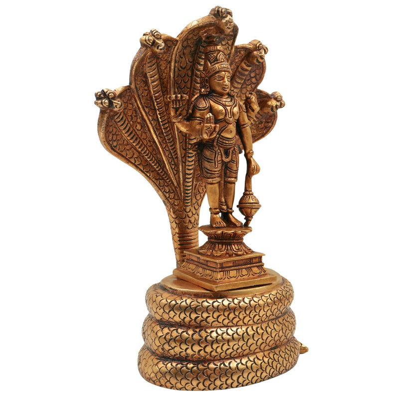 Brass Vishnu on Sheshnag Idol – Handcrafted Peetal Murti of Narayana, Balaji, Venkateshwara for Home, Temple, and Office Decor,Gold, 10.5 Inch, 1 Piece