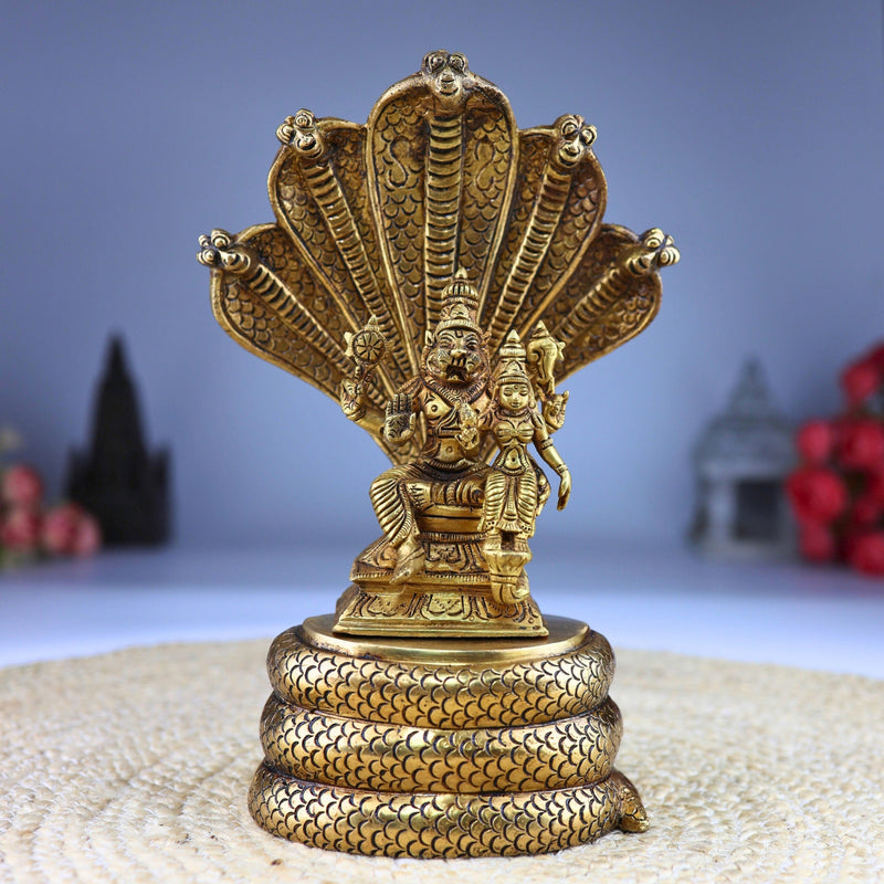 Brass lakshmi Narasimha Swamy on Sheshnag Idol | Lakshmi Narasimha Murti | Yoga Narasimha Vigraha | Ugra Narasimha Statue | Narasingha Brass Moorti for Pooja, Home & Temple Decor,Gold, 10.5 Inch, 1 Piece