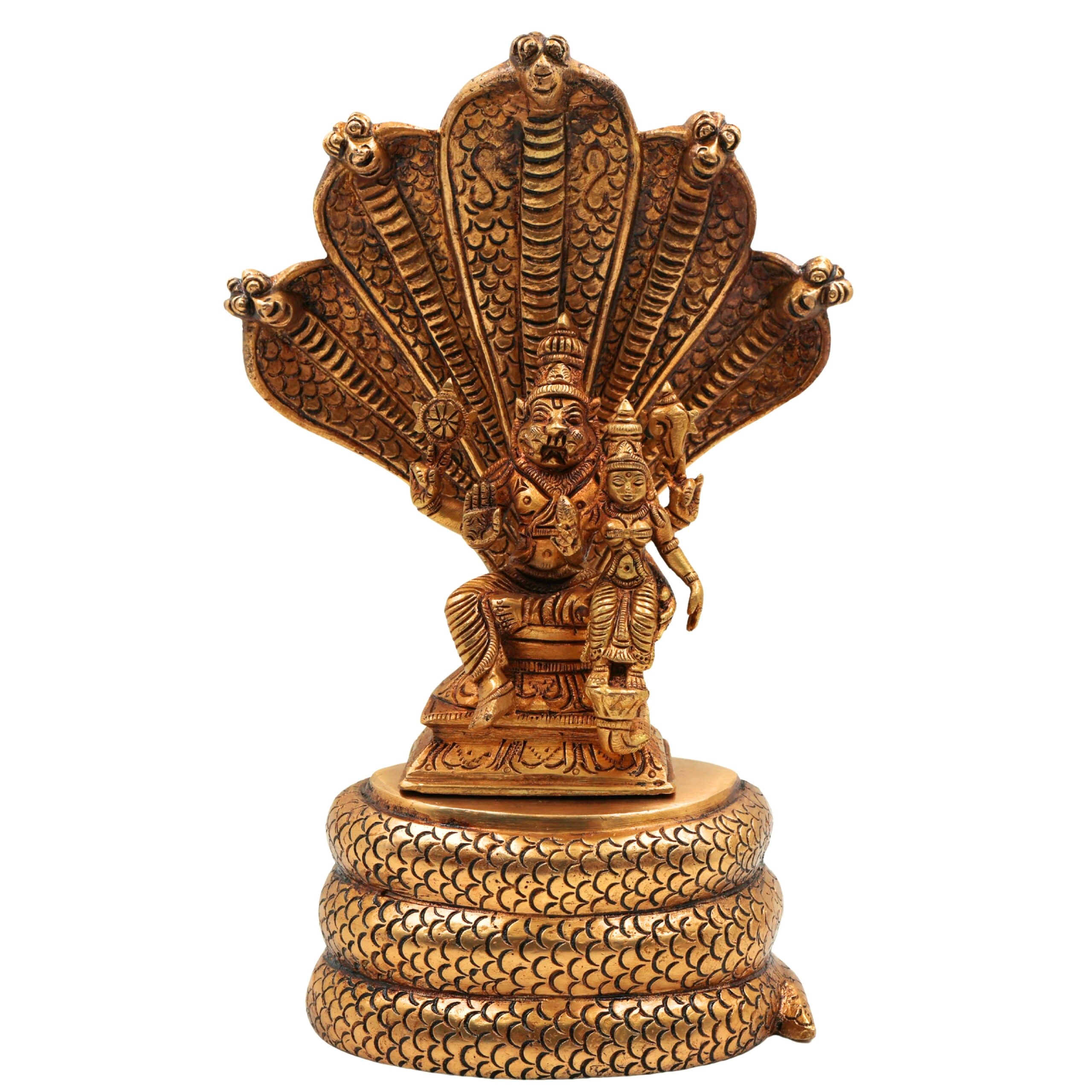 Brass lakshmi Narasimha Swamy on Sheshnag Idol | Lakshmi Narasimha Murti | Yoga Narasimha Vigraha | Ugra Narasimha Statue | Narasingha Brass Moorti for Pooja, Home & Temple Decor,Gold, 10.5 Inch, 1 Piece