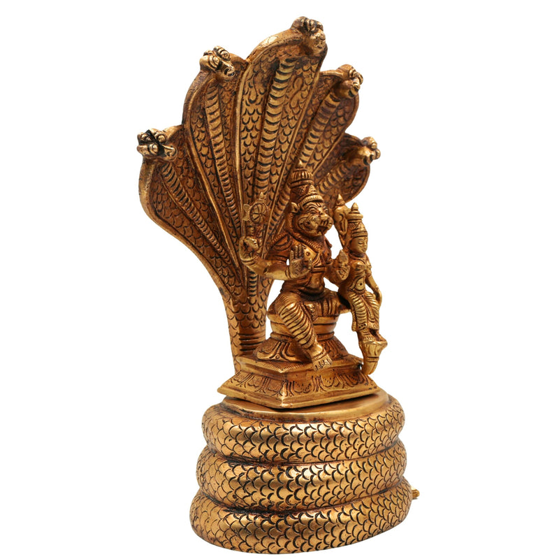 Brass lakshmi Narasimha Swamy on Sheshnag Idol | Lakshmi Narasimha Murti | Yoga Narasimha Vigraha | Ugra Narasimha Statue | Narasingha Brass Moorti for Pooja, Home & Temple Decor,Gold, 10.5 Inch, 1 Piece