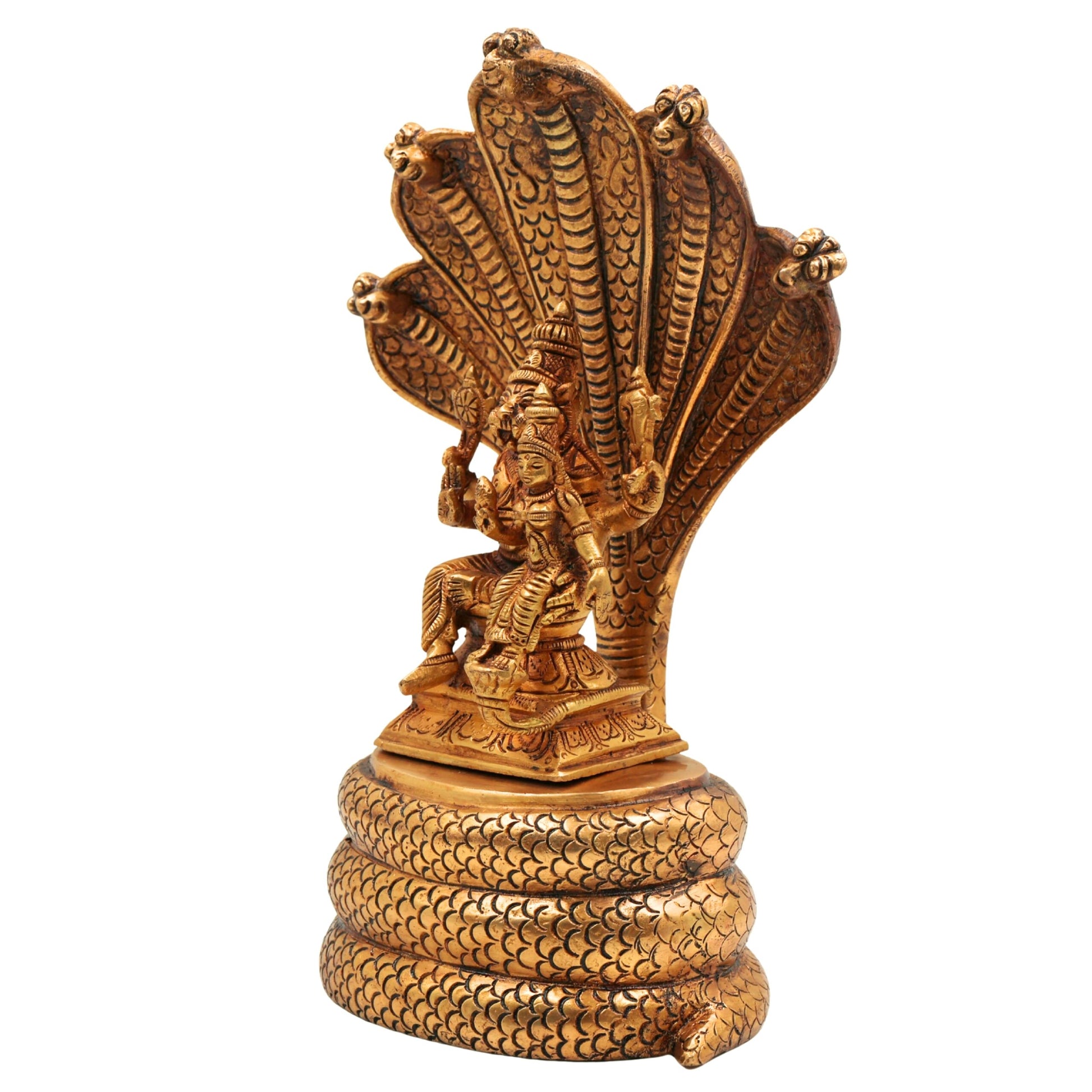 Brass lakshmi Narasimha Swamy on Sheshnag Idol | Lakshmi Narasimha Murti | Yoga Narasimha Vigraha | Ugra Narasimha Statue | Narasingha Brass Moorti for Pooja, Home & Temple Decor,Gold, 10.5 Inch, 1 Piece