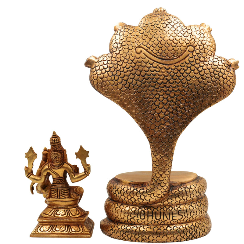 Brass lakshmi Narasimha Swamy on Sheshnag Idol | Lakshmi Narasimha Murti | Yoga Narasimha Vigraha | Ugra Narasimha Statue | Narasingha Brass Moorti for Pooja, Home & Temple Decor,Gold, 10.5 Inch, 1 Piece