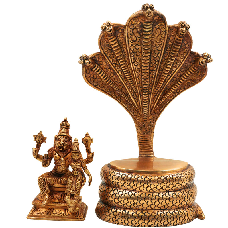 Brass lakshmi Narasimha Swamy on Sheshnag Idol | Lakshmi Narasimha Murti | Yoga Narasimha Vigraha | Ugra Narasimha Statue | Narasingha Brass Moorti for Pooja, Home & Temple Decor,Gold, 10.5 Inch, 1 Piece