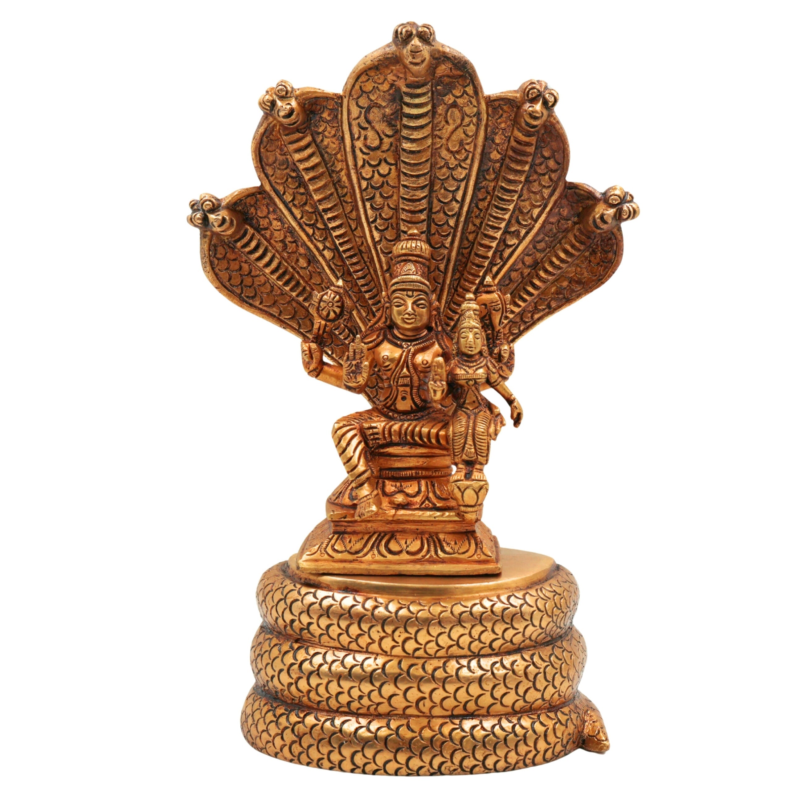 Brass Vishnu Lakshmi on Sheshnag Idol, Lakshmi Narayan Narayana Murti, Peetal Pittal Vishnu Srinivasa Padmanabha Statue for Home Temple Decor & Gifts,Gold, 10.5 Inch, 1 Piece