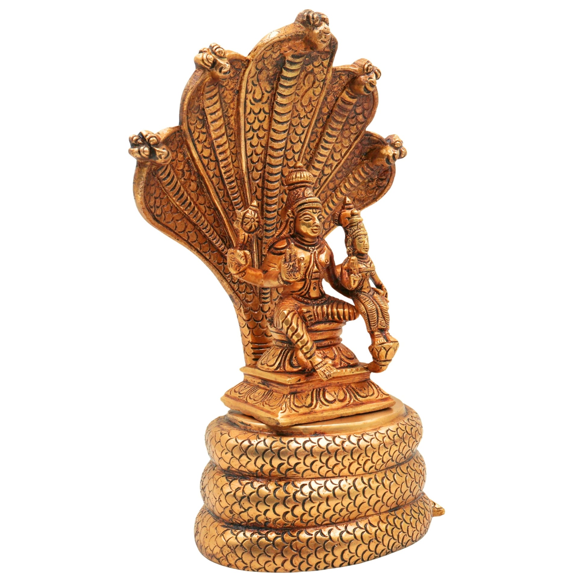 Brass Vishnu Lakshmi on Sheshnag Idol, Lakshmi Narayan Narayana Murti, Peetal Pittal Vishnu Srinivasa Padmanabha Statue for Home Temple Decor & Gifts,Gold, 10.5 Inch, 1 Piece