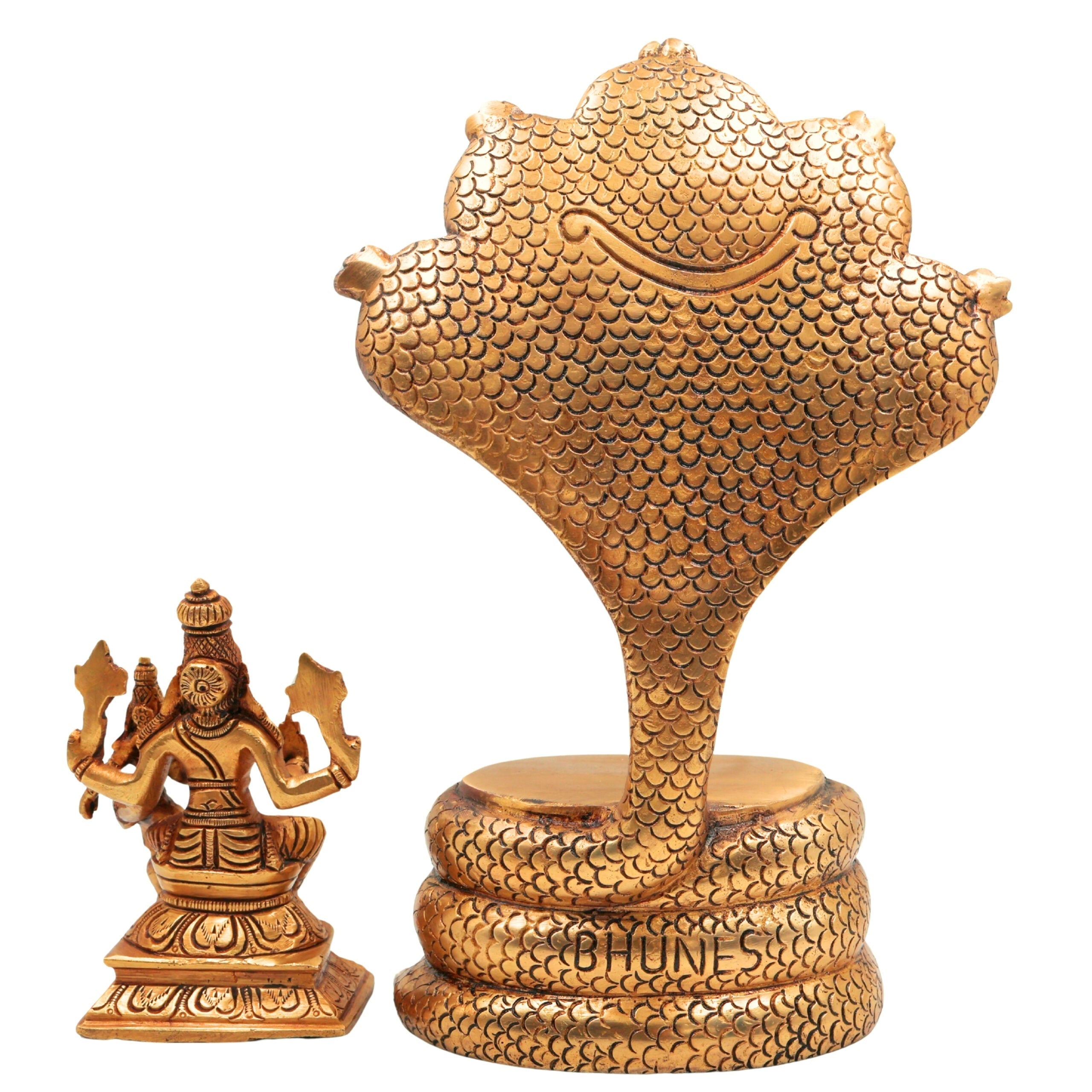 Brass Vishnu Lakshmi on Sheshnag Idol, Lakshmi Narayan Narayana Murti, Peetal Pittal Vishnu Srinivasa Padmanabha Statue for Home Temple Decor & Gifts,Gold, 10.5 Inch, 1 Piece