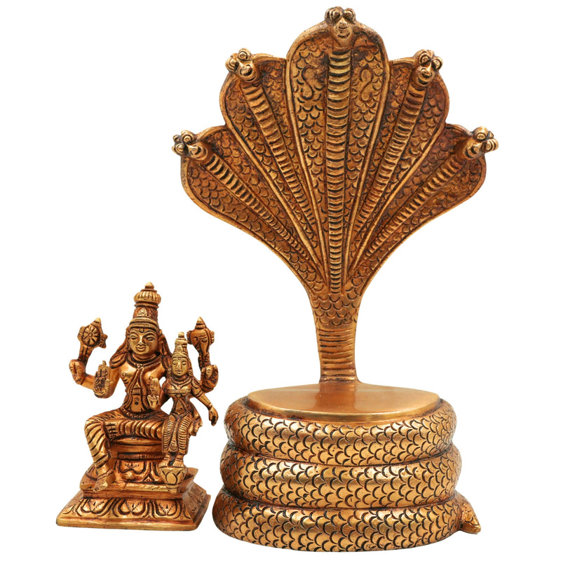 Brass Vishnu Lakshmi on Sheshnag Idol, Lakshmi Narayan Narayana Murti, Peetal Pittal Vishnu Srinivasa Padmanabha Statue for Home Temple Decor & Gifts,Gold, 10.5 Inch, 1 Piece