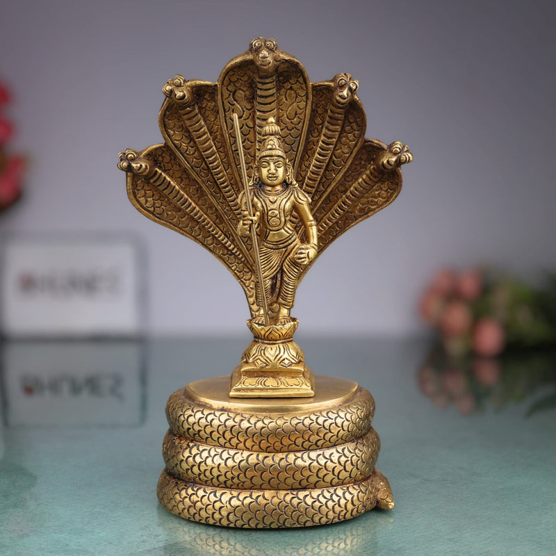 Handcrafted Brass Murugan with Sheshnag Idol – Lord Kartikeya | Skanda | Subramanya | Shanmukha Pital Statue for Home Temple Pooja & Gifts,Gold, 10.5 Inch, 1 Piece