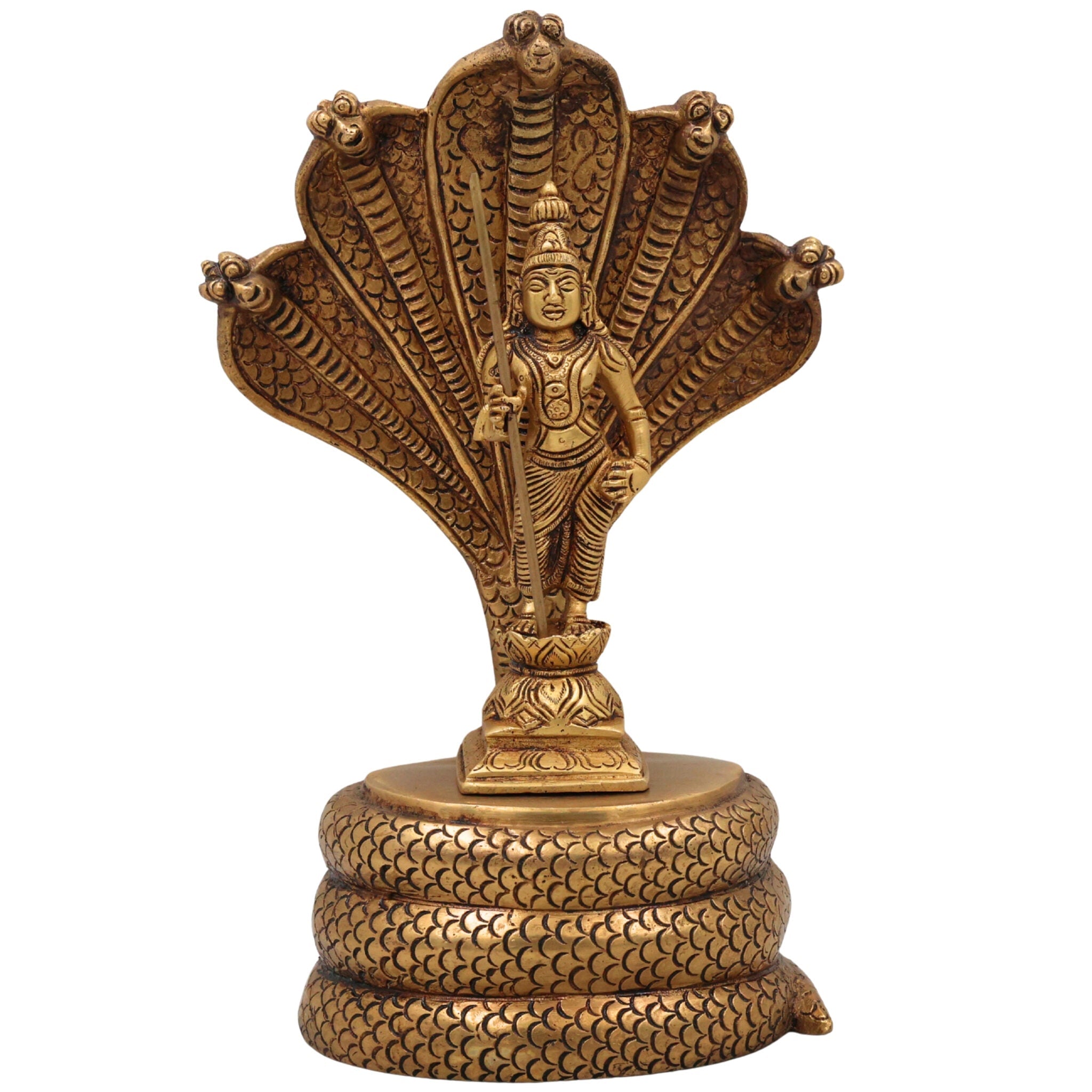 Handcrafted Brass Murugan with Sheshnag Idol – Lord Kartikeya | Skanda | Subramanya | Shanmukha Pital Statue for Home Temple Pooja & Gifts,Gold, 10.5 Inch, 1 Piece