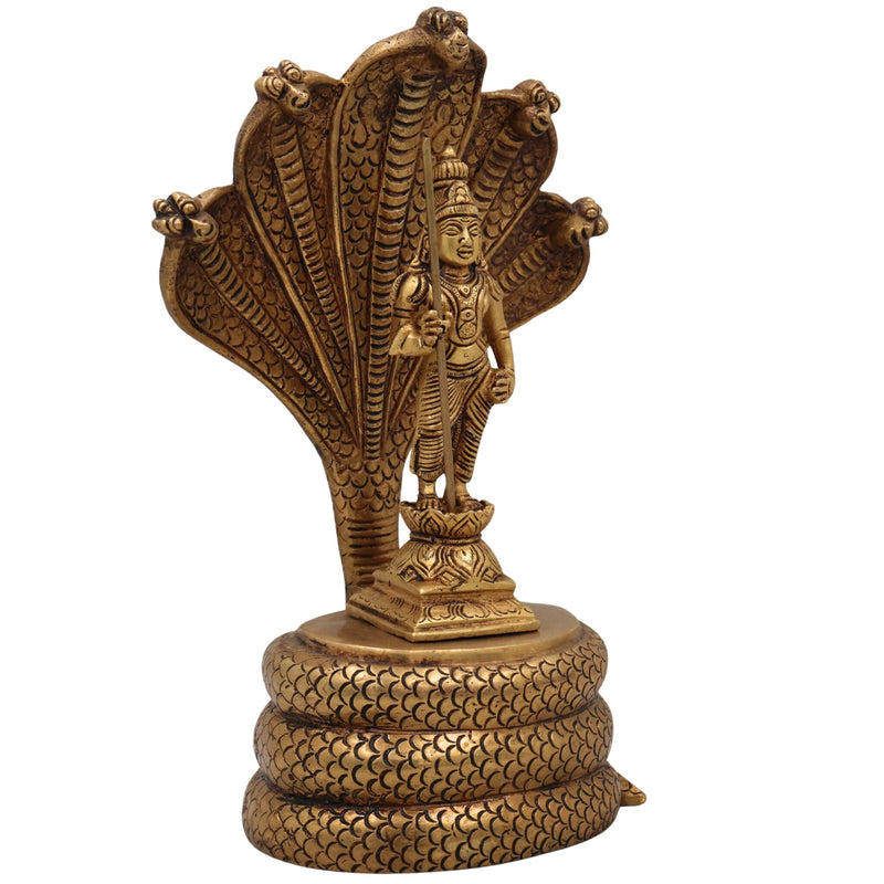 Handcrafted Brass Murugan with Sheshnag Idol – Lord Kartikeya | Skanda | Subramanya | Shanmukha Pital Statue for Home Temple Pooja & Gifts,Gold, 10.5 Inch, 1 Piece