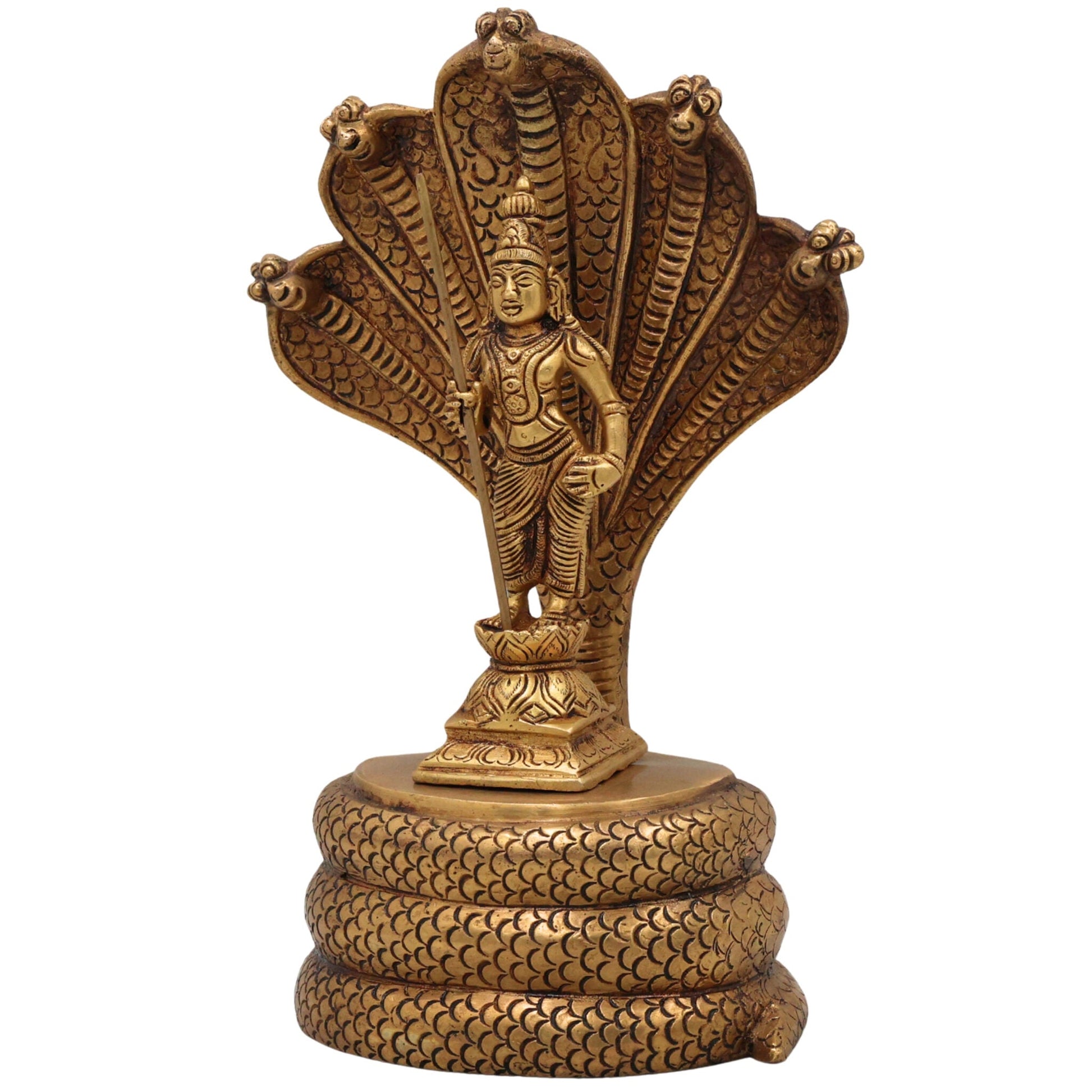 Handcrafted Brass Murugan with Sheshnag Idol – Lord Kartikeya | Skanda | Subramanya | Shanmukha Pital Statue for Home Temple Pooja & Gifts,Gold, 10.5 Inch, 1 Piece