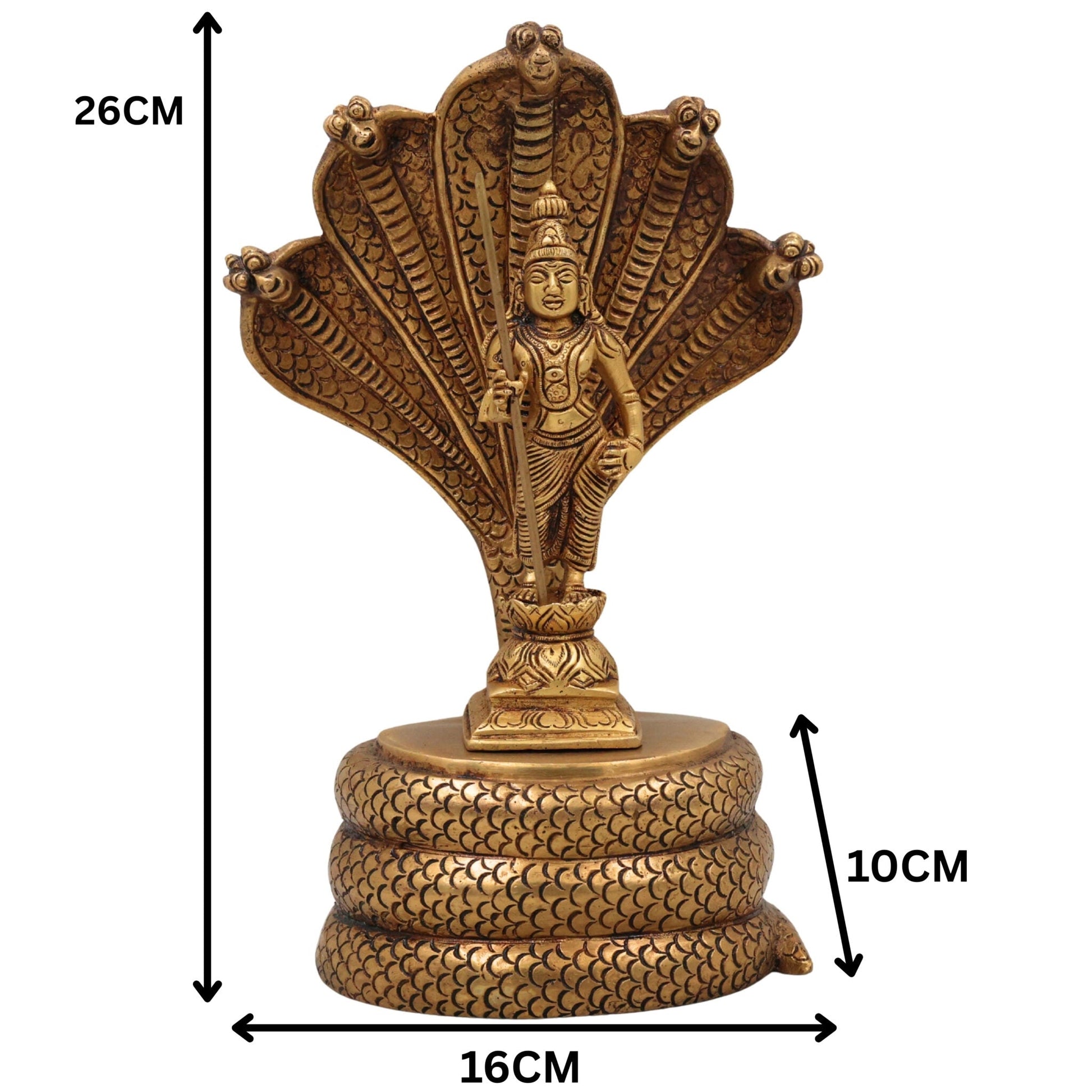 Handcrafted Brass Murugan with Sheshnag Idol – Lord Kartikeya | Skanda | Subramanya | Shanmukha Pital Statue for Home Temple Pooja & Gifts,Gold, 10.5 Inch, 1 Piece