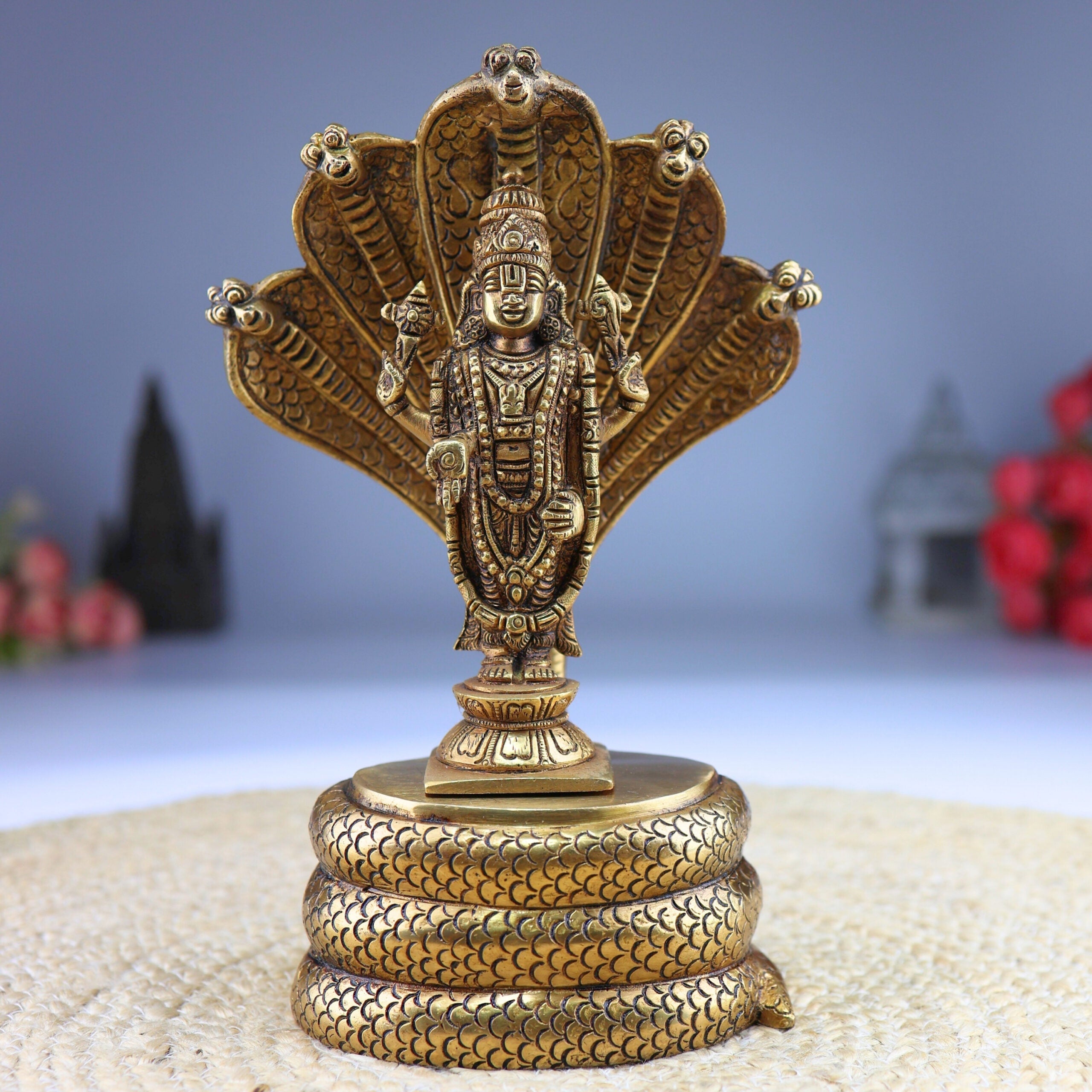 Brass Venkateshwara Idol - Balaji on Sheshanag Murti, Srinivasa Statue for Home Decor, Temple, Pooja, and Spiritual Gifting,Gold, 10.5 Inch, 1 Piece