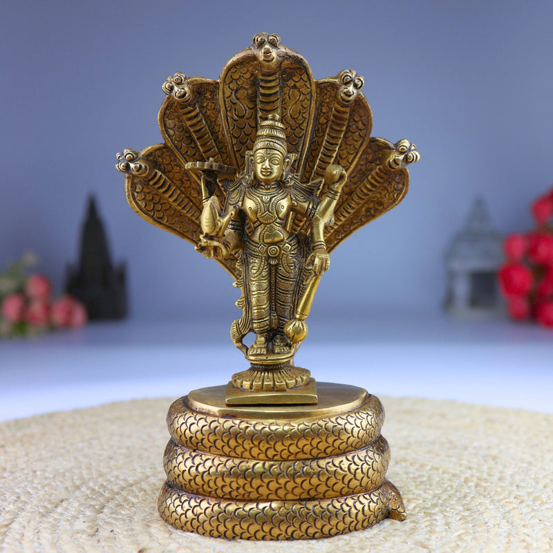 Brass Vishnu on Sheshnag Idol – Handmade Peetal Murti, Narayana Statue for Home, Temple, Puja & Office Decor,Gold, 10.5 Inch, 1 Piece
