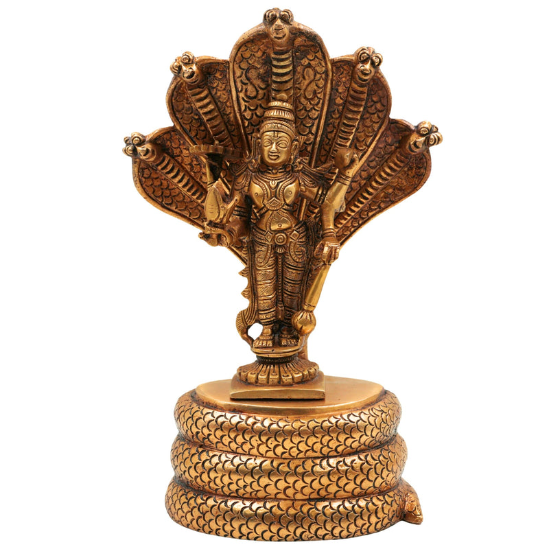 Brass Vishnu on Sheshnag Idol – Handmade Peetal Murti, Narayana Statue for Home, Temple, Puja & Office Decor,Gold, 10.5 Inch, 1 Piece