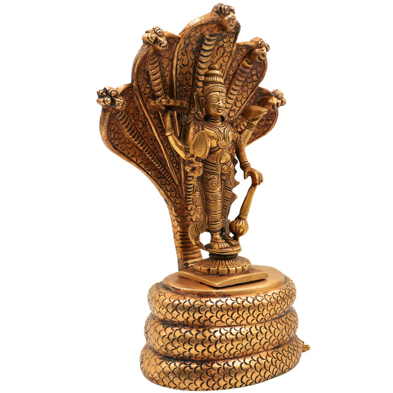 Brass Vishnu on Sheshnag Idol – Handmade Peetal Murti, Narayana Statue for Home, Temple, Puja & Office Decor,Gold, 10.5 Inch, 1 Piece