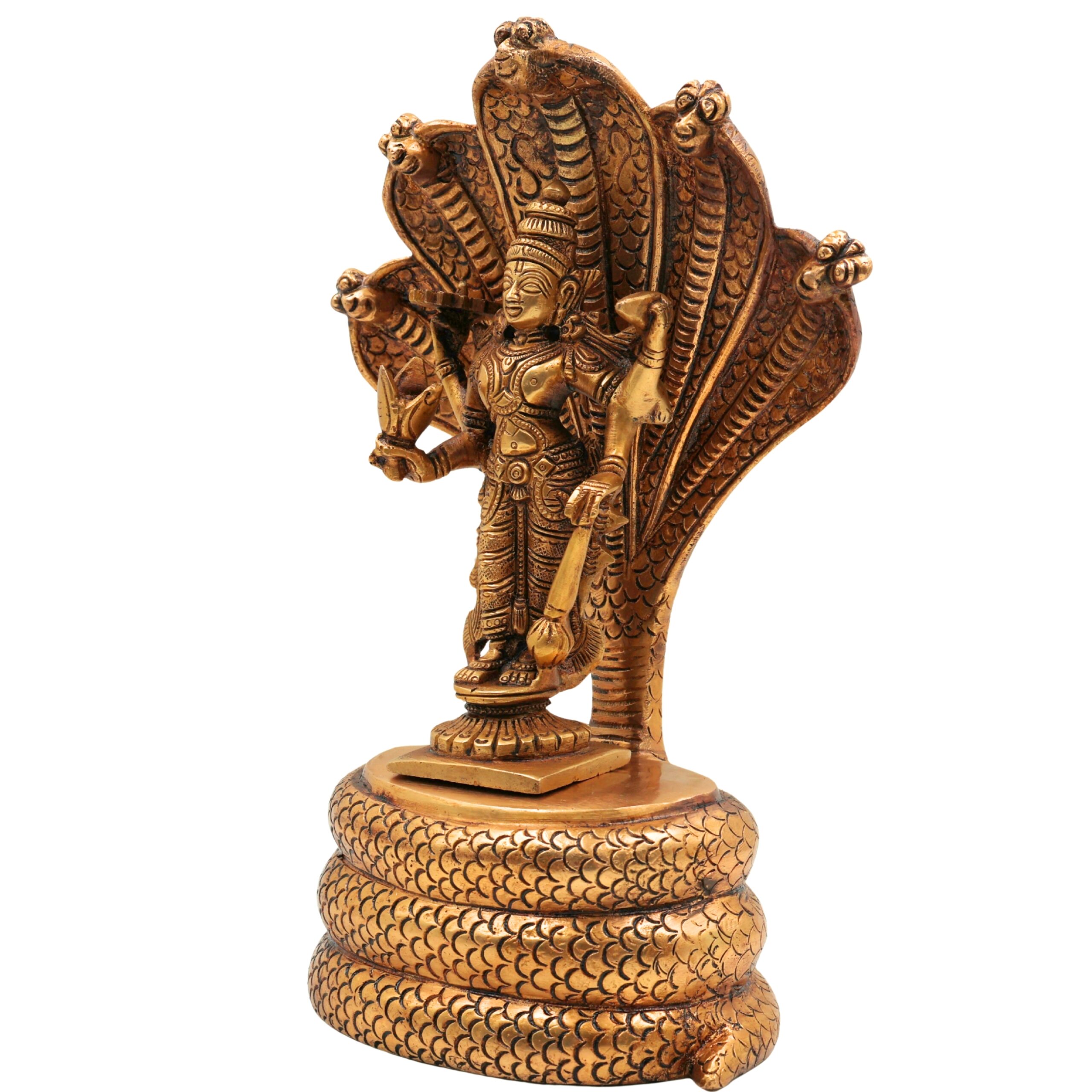 Brass Vishnu on Sheshnag Idol – Handmade Peetal Murti, Narayana Statue for Home, Temple, Puja & Office Decor,Gold, 10.5 Inch, 1 Piece