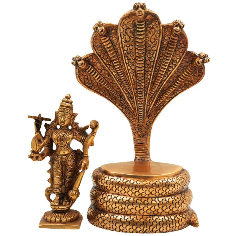Brass Vishnu on Sheshnag Idol – Handmade Peetal Murti, Narayana Statue for Home, Temple, Puja & Office Decor,Gold, 10.5 Inch, 1 Piece
