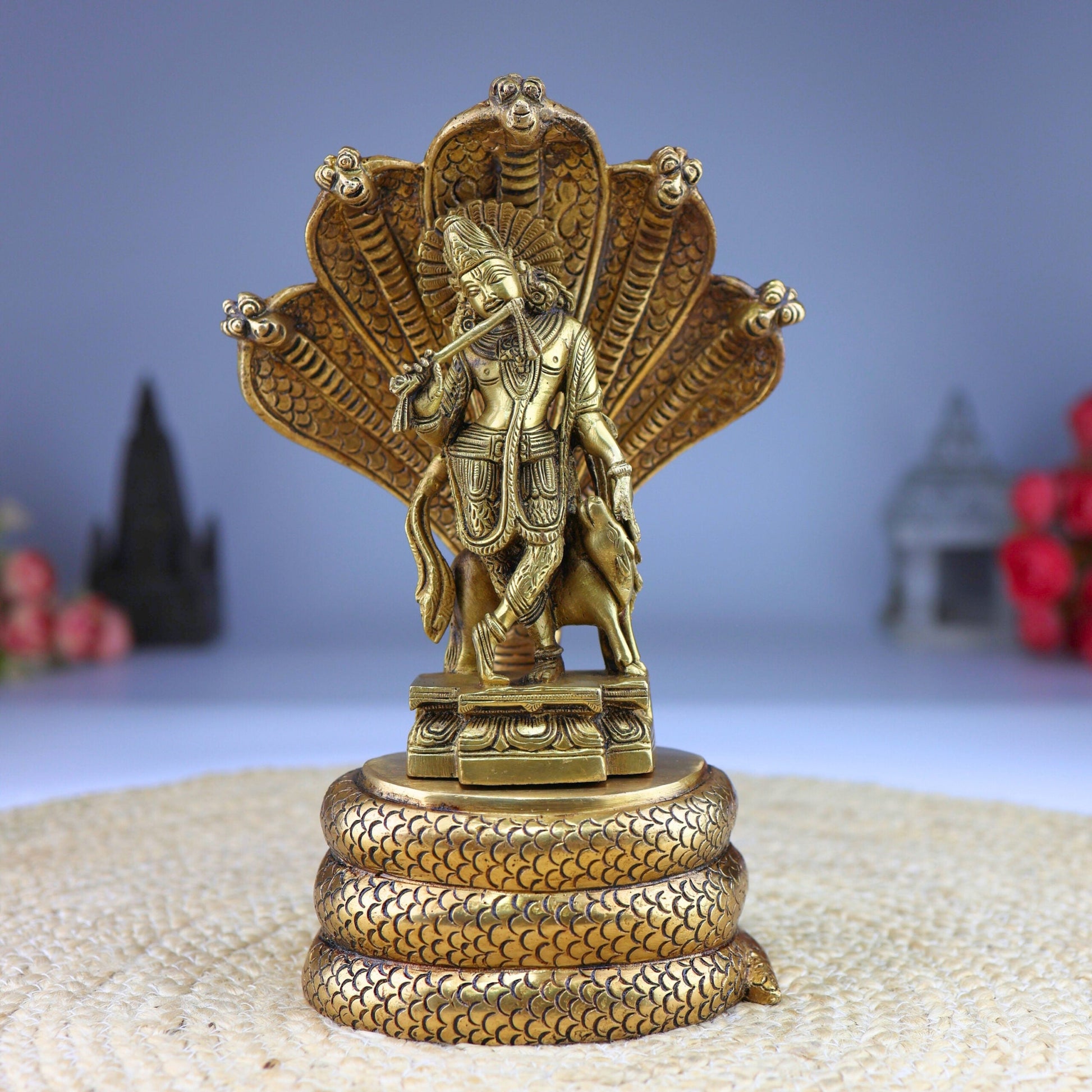 Brass Krishna Idol on Sheshnag | Gopal, Balakrishna, Radha Krishna Murti for Home, Temple & Pooja Decor,Gold, 10.5 Inch, 1 Piece