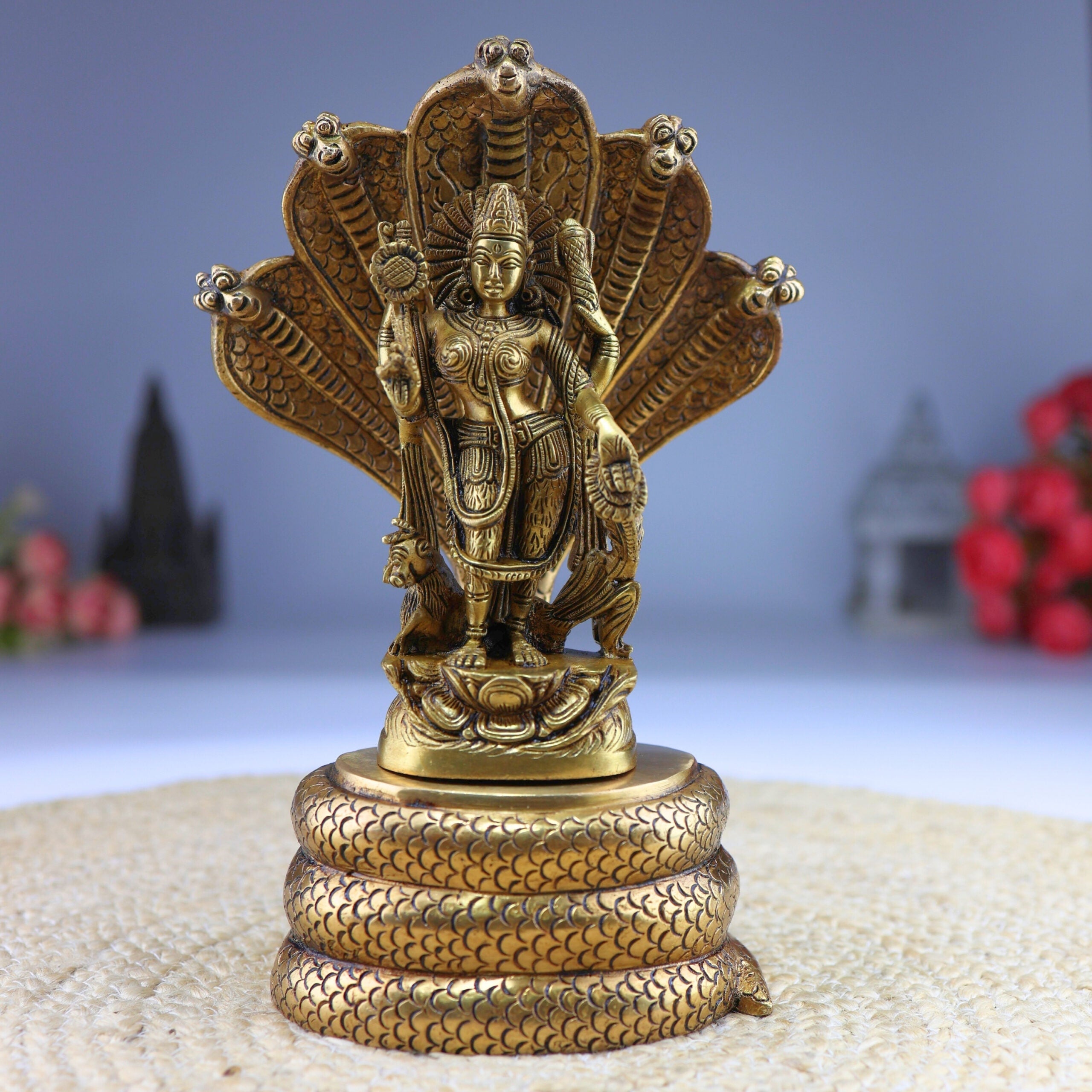 Brass Durga Devi on Sheshnag Idol – Sheshnag Vahini Mahishasura Mardini Murti | Naga Devi Shakti Moorthi for Puja, Temple & Home Decor,Gold, 10.5 Inch, 1 Piece