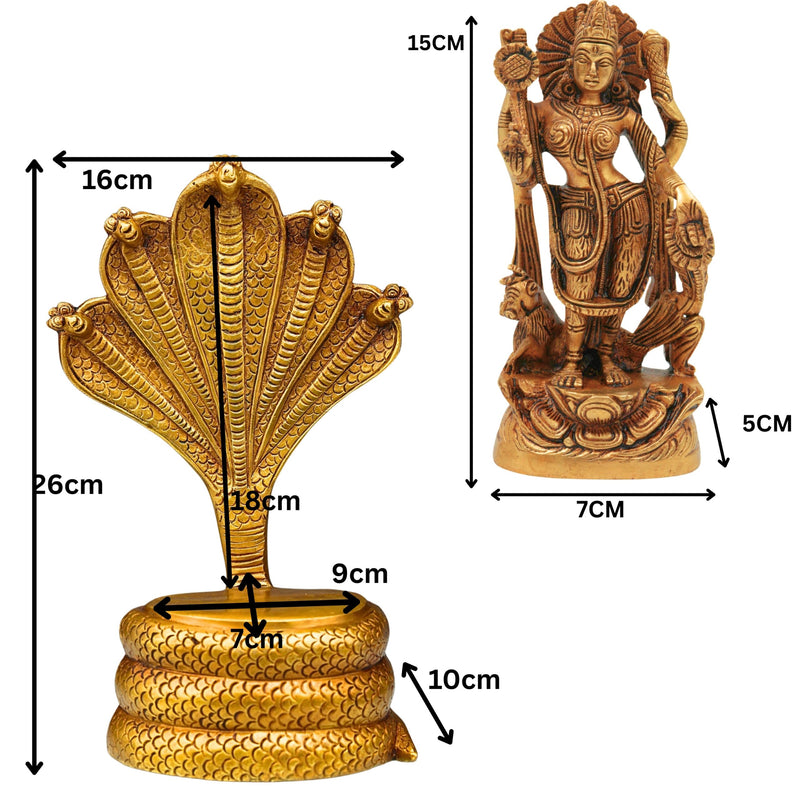 Brass Durga Devi on Sheshnag Idol – Sheshnag Vahini Mahishasura Mardini Murti | Naga Devi Shakti Moorthi for Puja, Temple & Home Decor,Gold, 10.5 Inch, 1 Piece
