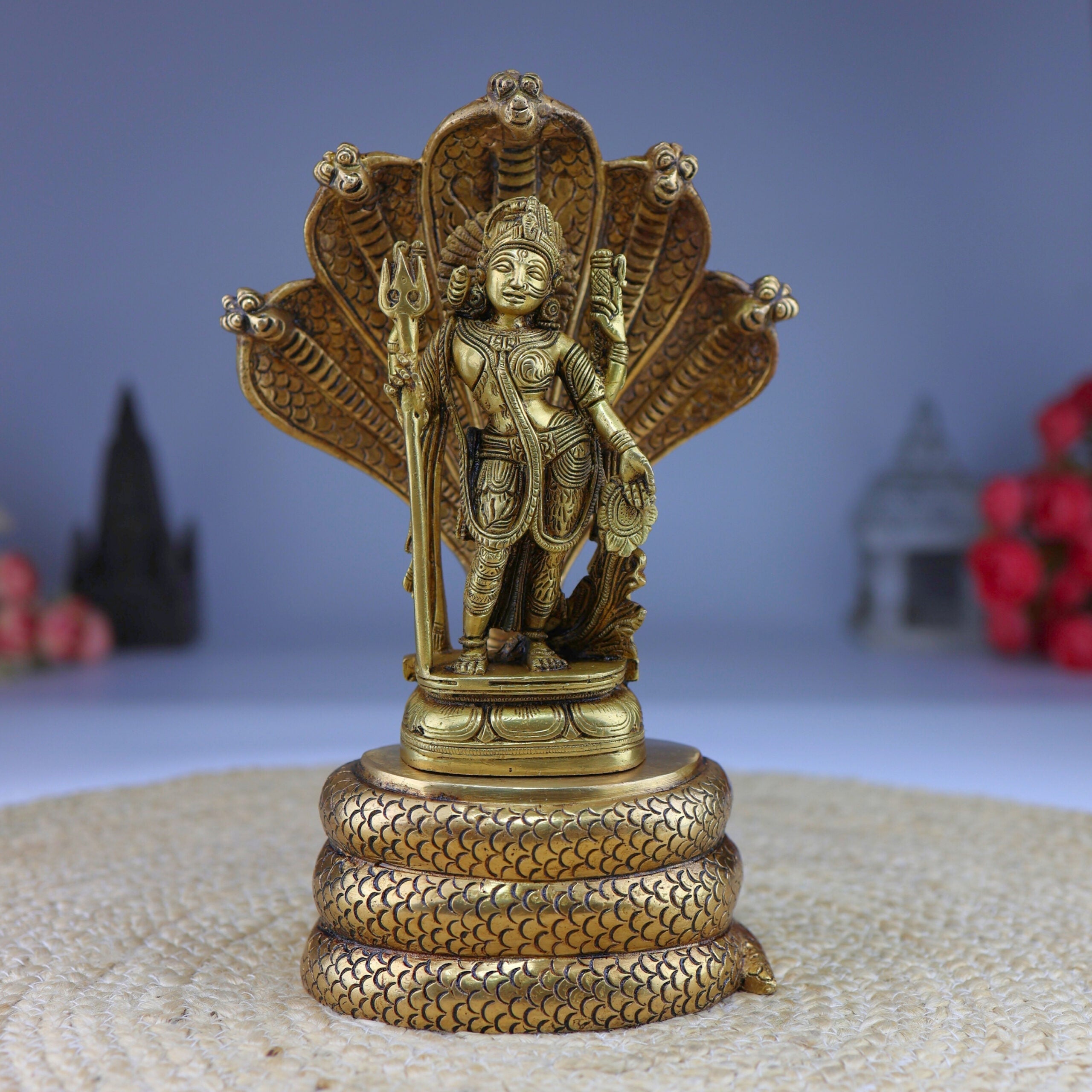 Brass Ardhanarishvara Idol On 5-Headed Sheshnag Chowki, Home Decor Statue, Perfect Ardhnarishwar/Ardhnari Murti, Gold, 10.5 Inch, 1 Piece
