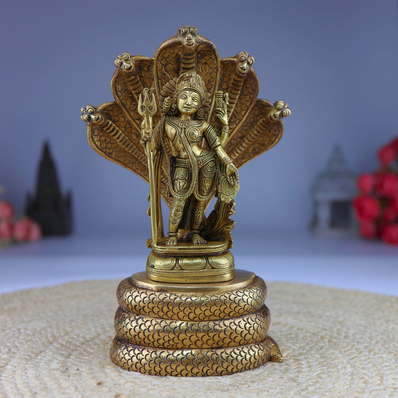 Brass Ardhanarishvara Idol On 5-Headed Sheshnag Chowki, Home Decor Statue, Perfect Ardhnarishwar/Ardhnari Murti, Gold, 10.5 Inch, 1 Piece