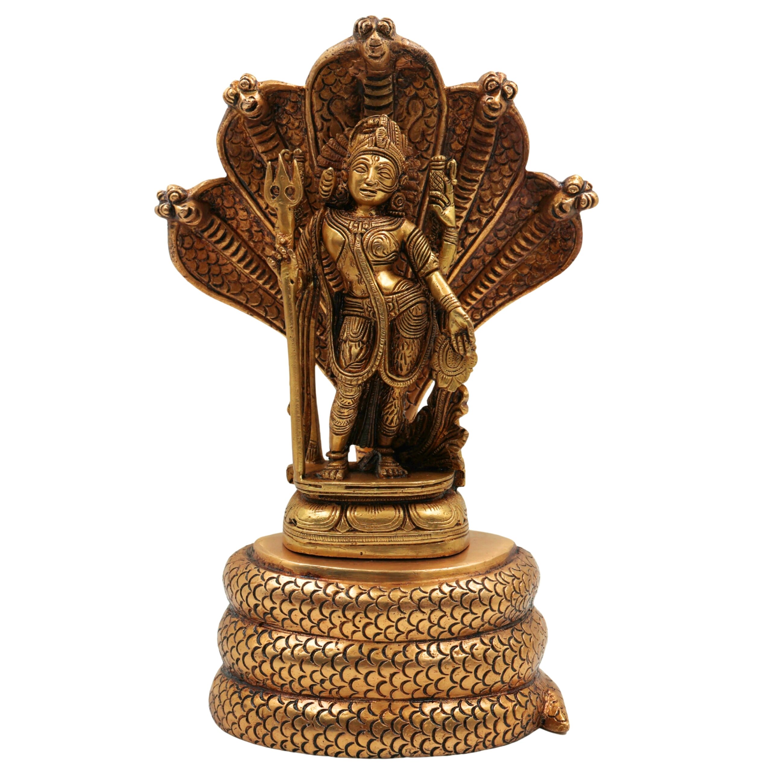 Brass Ardhanarishvara Idol On 5-Headed Sheshnag Chowki, Home Decor Statue, Perfect Ardhnarishwar/Ardhnari Murti, Gold, 10.5 Inch, 1 Piece