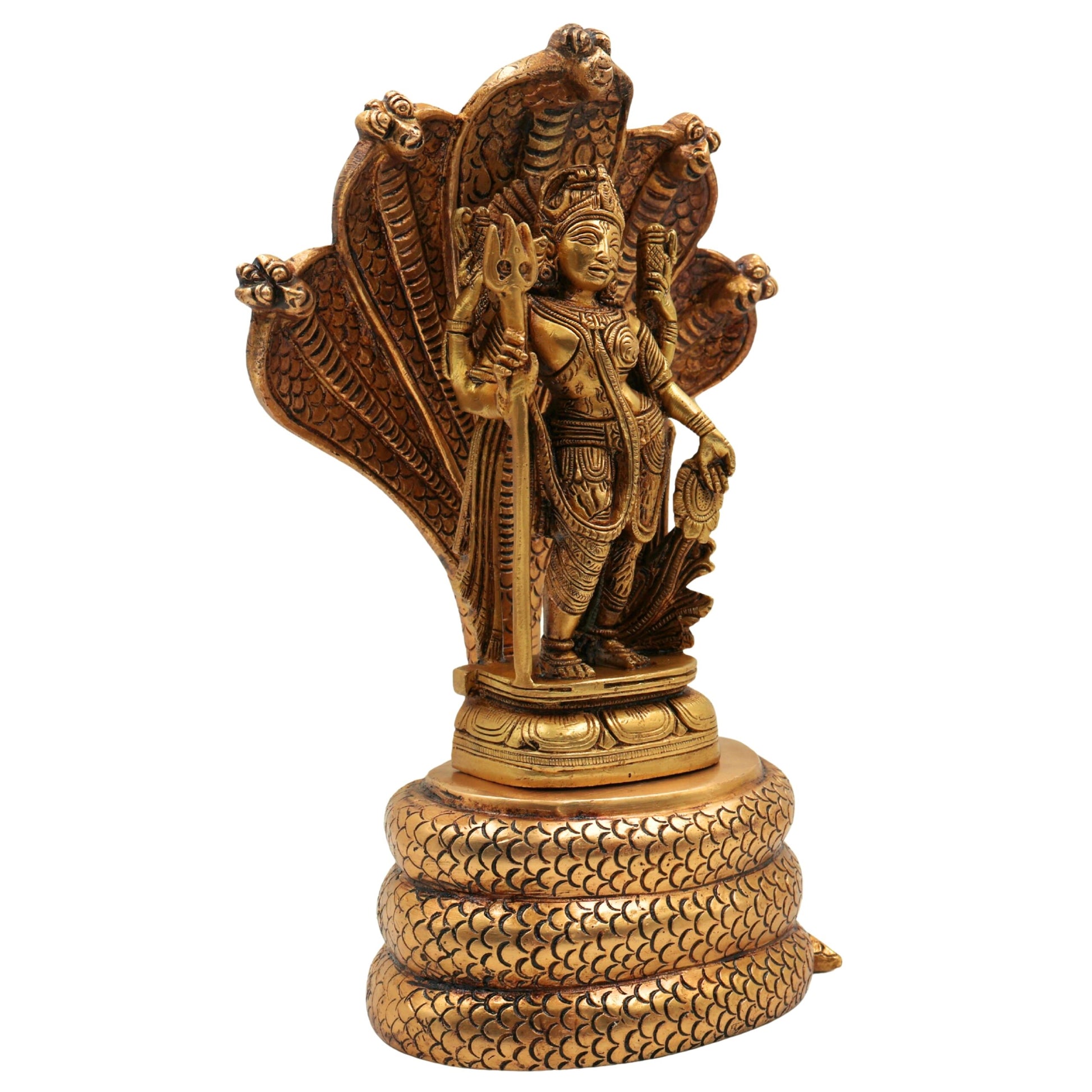 Brass Ardhanarishvara Idol On 5-Headed Sheshnag Chowki, Home Decor Statue, Perfect Ardhnarishwar/Ardhnari Murti, Gold, 10.5 Inch, 1 Piece