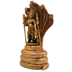Brass Ardhanarishvara Idol On 5-Headed Sheshnag Chowki, Home Decor Statue, Perfect Ardhnarishwar/Ardhnari Murti, Gold, 10.5 Inch, 1 Piece