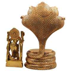Brass Ardhanarishvara Idol On 5-Headed Sheshnag Chowki, Home Decor Statue, Perfect Ardhnarishwar/Ardhnari Murti, Gold, 10.5 Inch, 1 Piece