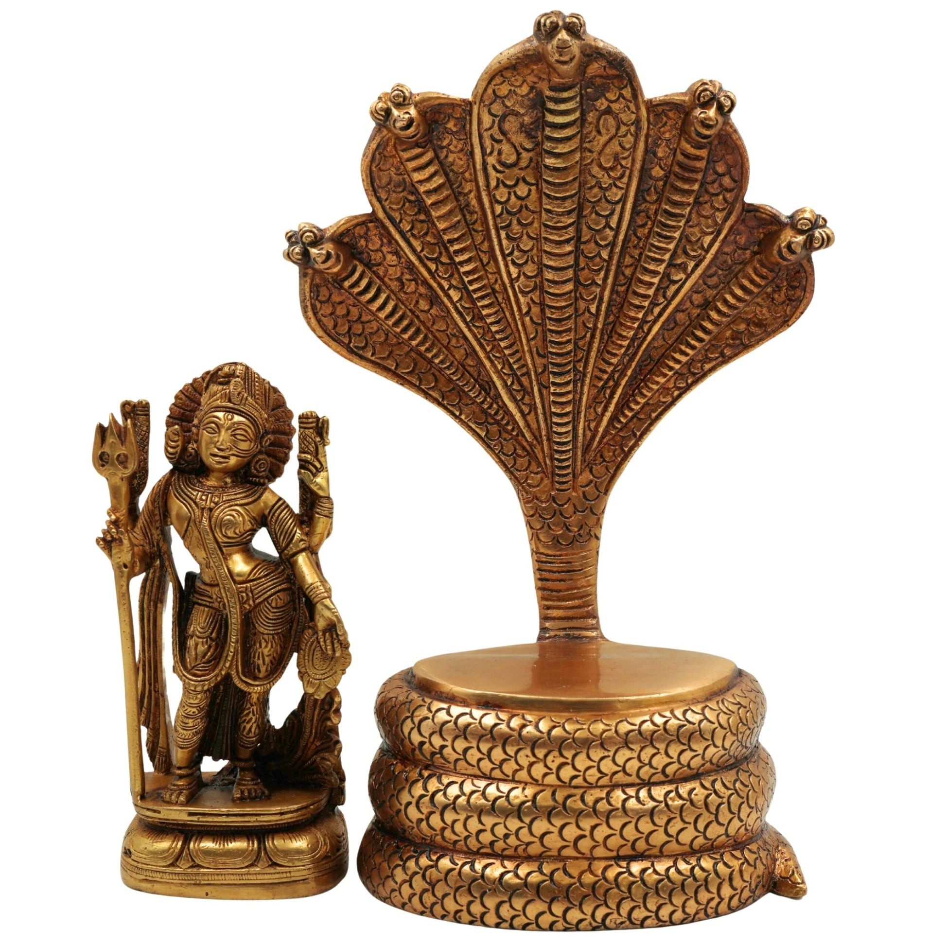 Brass Ardhanarishvara Idol On 5-Headed Sheshnag Chowki, Home Decor Statue, Perfect Ardhnarishwar/Ardhnari Murti, Gold, 10.5 Inch, 1 Piece