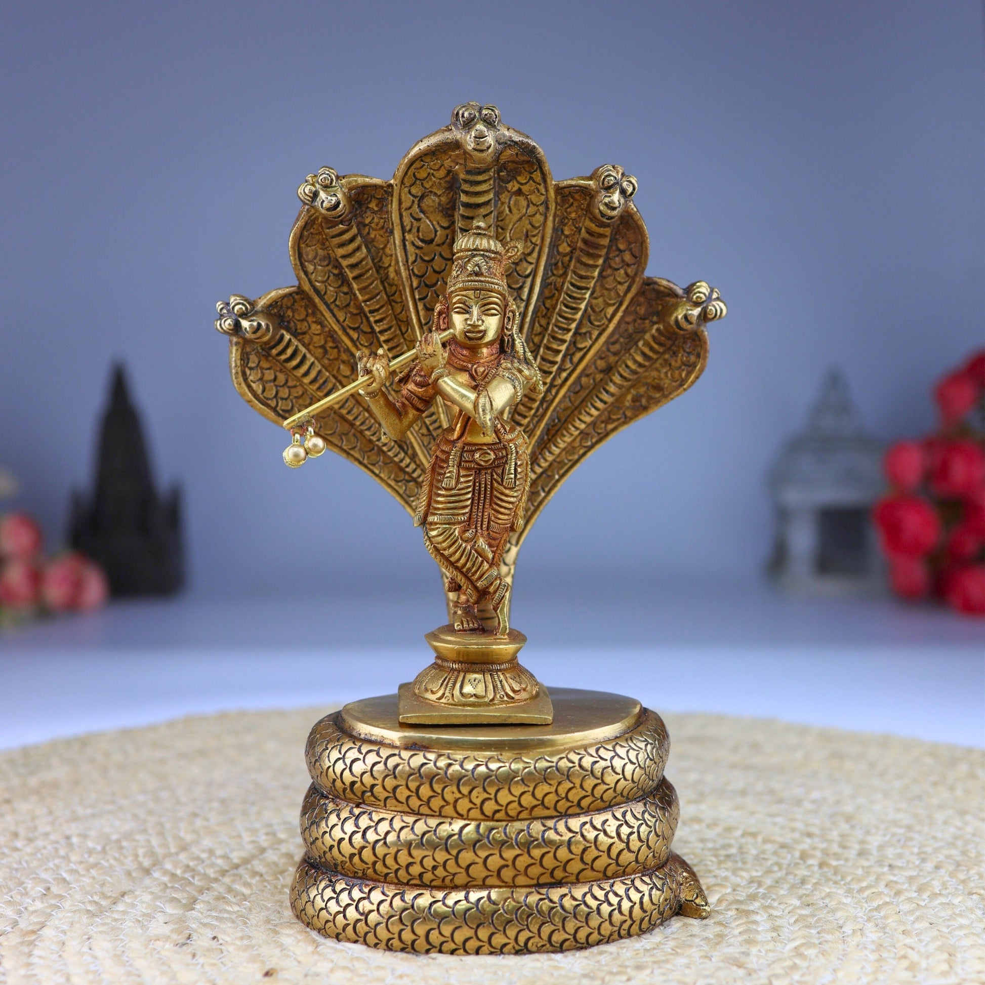 Lord Krishna with Shesh Naga Idol – Balakrishna, Gopal, Murli Manohar, Panchaloha Handcrafted Krishna Murti Statue for Pooja & Home Decor,Gold, 10.5 Inch, 1 Piece