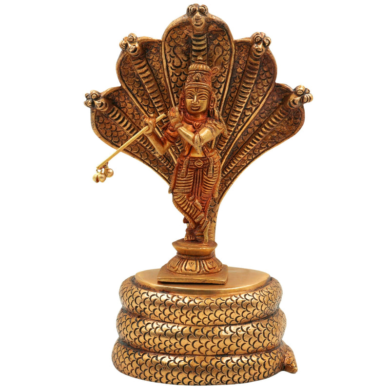 Lord Krishna with Shesh Naga Idol – Balakrishna, Gopal, Murli Manohar, Panchaloha Handcrafted Krishna Murti Statue for Pooja & Home Decor,Gold, 10.5 Inch, 1 Piece