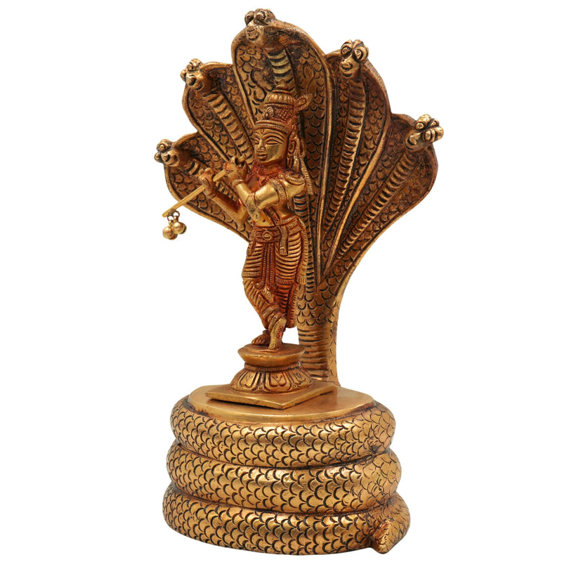 Lord Krishna with Shesh Naga Idol – Balakrishna, Gopal, Murli Manohar, Panchaloha Handcrafted Krishna Murti Statue for Pooja & Home Decor,Gold, 10.5 Inch, 1 Piece