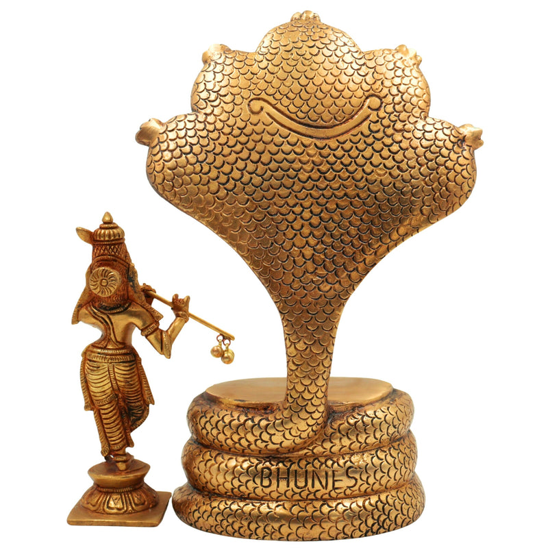 Lord Krishna with Shesh Naga Idol – Balakrishna, Gopal, Murli Manohar, Panchaloha Handcrafted Krishna Murti Statue for Pooja & Home Decor,Gold, 10.5 Inch, 1 Piece