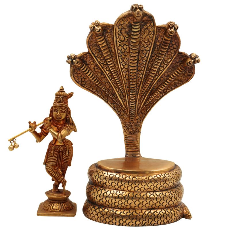 Lord Krishna with Shesh Naga Idol – Balakrishna, Gopal, Murli Manohar, Panchaloha Handcrafted Krishna Murti Statue for Pooja & Home Decor,Gold, 10.5 Inch, 1 Piece