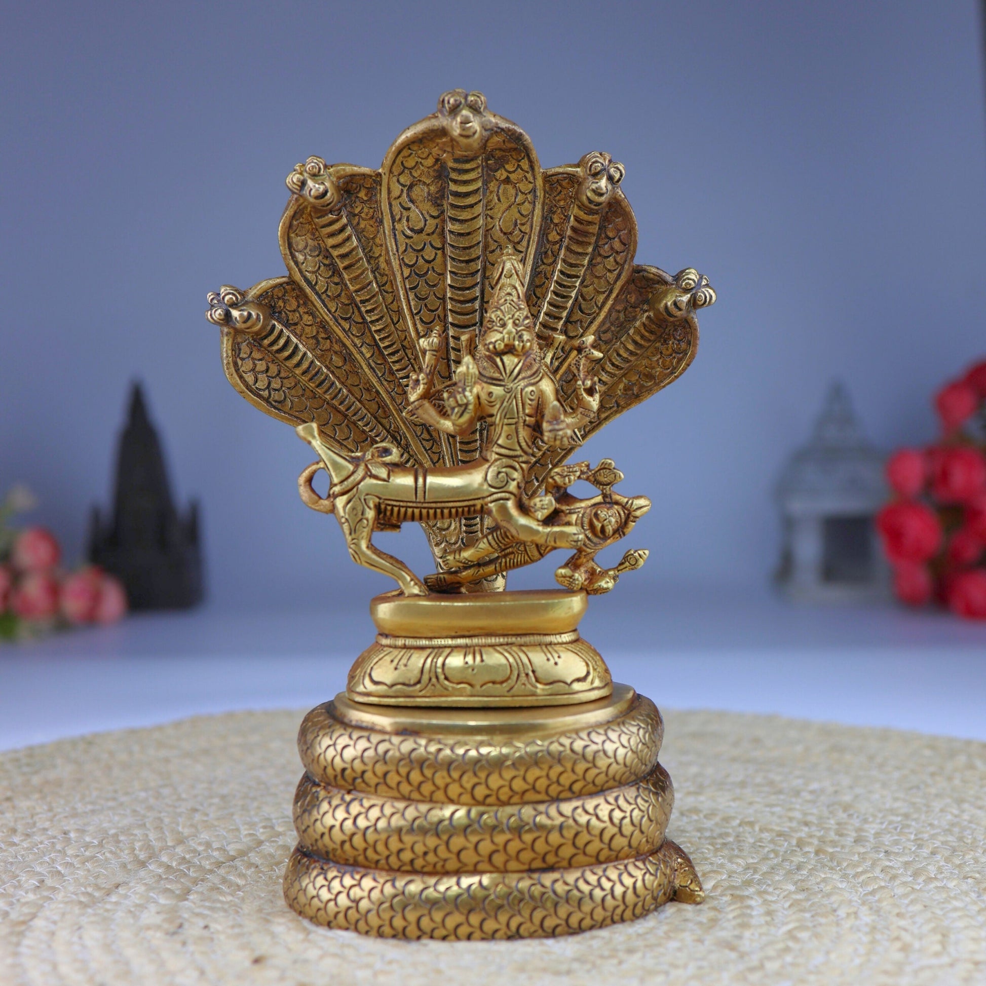 Brass Lord Sharabha Idol – Avatar of Lord Shiva Sharabeshwara Swamy Murti on Sheshnag Singhasan for Home Temple Decor, Gold, 10.5 Inch, 1 Piece