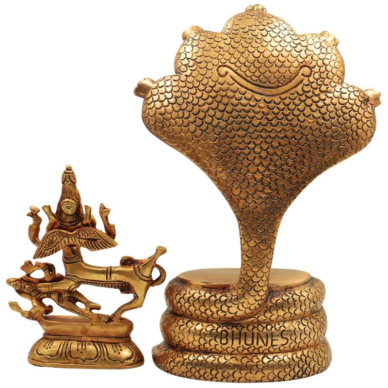 Brass Lord Sharabha Idol – Avatar of Lord Shiva Sharabeshwara Swamy Murti on Sheshnag Singhasan for Home Temple Decor, Gold, 10.5 Inch, 1 Piece