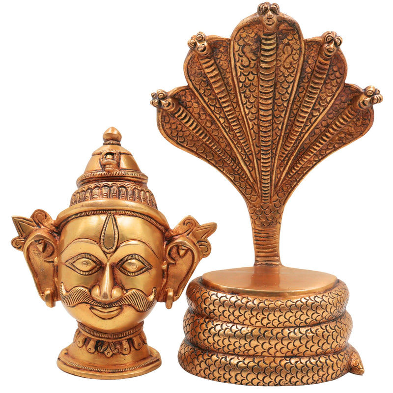Brass Shiva Head on Sheshnag | Mahadev Face Idol | Bholenath Murti | Rudra Statue | Neelkanth Brass Face | Lord Shiva Idol for Home Decor, Temple & Puja,Gold, 10.5 Inch, 1 Piece