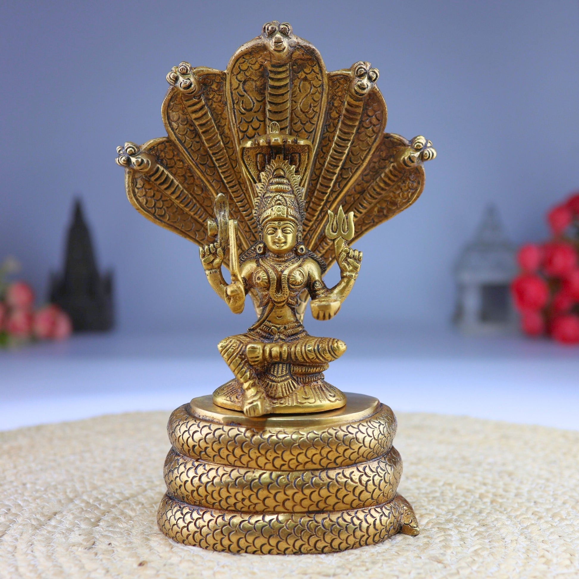 Brass Goddess Mariamman Idol on Sheshnag | Mariamma Murti, Mariyammal Vigraha, Aadi Mariamman Statue, Handcrafted South Indian Brass Idol, Home & Temple Decor,Gold, 10.5 Inch, 1 Piece
